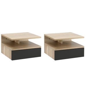 HOMCOM Conjunto de 2 Mesas de Cabeceira Flutuante com 1 Gaveta e Prateleira Aberta com Desenho Moderno Montado na Parede 35x32x22,5cm Carvalho Preto