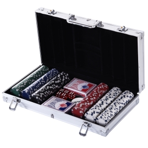 HOMCOM Conjunto de Fichas de Poker com Caixa de Alumínio 5 Dados 1 Botão de Banca e 2 Baralhos de Cartas 38x20,5x6,5 cm