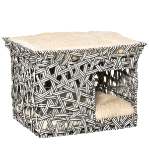 PawHut Cesta de Vime para Gatos de 2 Níveis Cama Caverna de Gatos com 2 Almofadas Suaves Estrutura de Metal 51x42x37cm Cinza e Bege