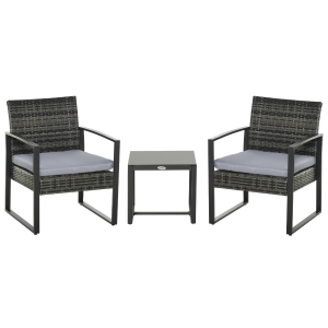 Outsunny Conjunto de Móveis de Jardim de vime 3 Peças com 1 Mesa 42,5x40x39 cm 2 Poltronas 63x57x76 cm Almofada Acolchoada para Pátio Varanda Cinza