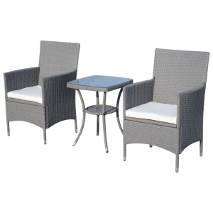 Outsunny Conjunto de Móveis de Vime para Jardim Composto por 1 Mesa 2 Poltronas com Almofadas Móveis de Jardim Metal e Vime Cinza Claro