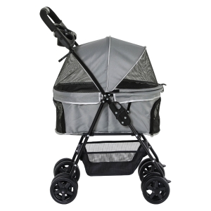 PawHut Carrinho de animal de estimação dobrável removível de aço Tecido Oxford Rodas giratórias Freios Janela para gatos pequenos Cães 67x45x96 cm Cinza