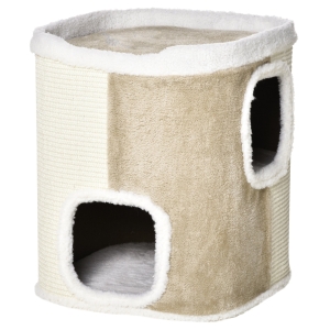 PawHut Barril Arranhador para Gatos de 2 Níveis com Caverna de Sisal Pelúcia Suave e Plataforma de Velo 40x40x49cm Bege