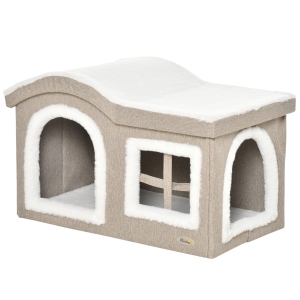 PawHut Casa Dobrável para Gatos Caverna para Gatos Grande com Tampa Removível Almofadas 2 Entradas e Janela 63,5x37x40cm Bege