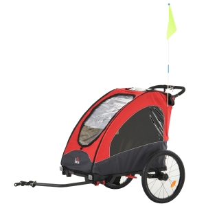 HOMCOM Reboque de criança 3 em 1 de 2 lugares para crianças acima de 6 meses Dobrável com barra rodas giratórias e guiador ajustável 150x85x107cm Vermelho