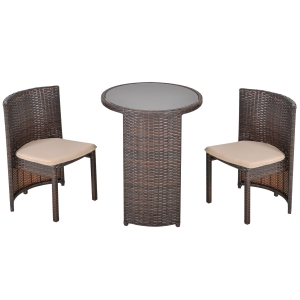 Outsunny Conjunto de móveis de jardim de vime 3 peças com 1 mesa de centro e 2 cadeiras com almofadas para terraço Fácil armazenamento Aço Marrom