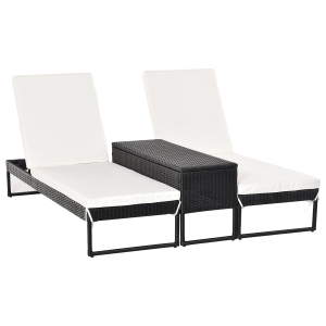 Outsunny Conjunto de 2 espreguiçadeiras de jardim com almofadas acolchoadas de vime com mesa lateral para piscina ou terraço Carga 160kg 195x60x86 cm Estrutura em aço Preto vime