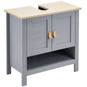 Kleankin Armário compacto para sob a pia com 2 portas e prateleira interna ajustável Gabinete auxiliar para banheiro 60x30x60 cm Cinza