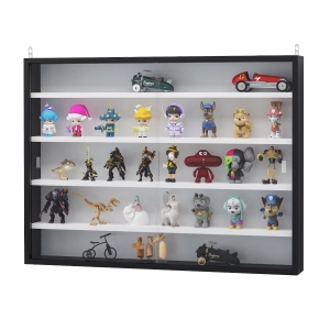 HOMCOM Vitrine de Parede de Madeira com Prateleiras Ajustáveis e 2 Portas Corredeiras de Vidro para Coleções Perfumes Bonecos de Decoração 80x9,5x60cm Preto