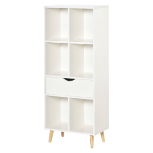 HOMCOM Estante para Livros com 6 Compartimentos Abertos 1 Gaveta e Pés de Madeira para Armazenamento de Brinquedos CDs Plantas 50x29,5x120cm Branco