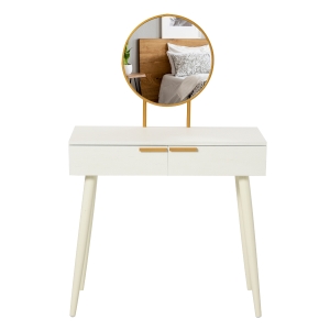 HOMCOM Toucador com Espelho Redondo Mesa de Maquilhagem com 2 Gavetas Estilo Moderno para Dormitório 80x40x123cm Branco