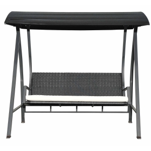 Outsunny Baloiço de Jardim de Vime PE com 3 Lugares Estrutura de Metal Almofada Toldo Ajustável Balcão Terraço Patio Carga Máx. 360kg 198x124x179cm Preto