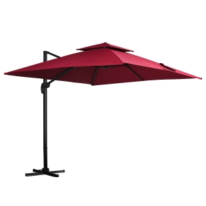 Outsunny Chapéu de Sol Excêntrico 294x294x270cm Chapéu de Sol de Alumínio à Manivela com Mastro Giratório 360º Teto Duplo Inclinável em 6 Posições Vinho