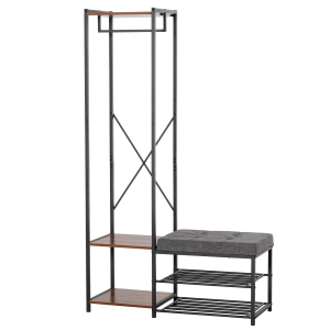 HOMCOM Cabide com sapateira banco para sapatos com barra suspensa e prateleiras para corredor 104,5x42x180,5 cm preto e nogueira escura