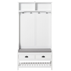 HOMCOM Cabide Sapateira com banco 4 ganchos 2 compartimentos abertos 2 gavetas removíveis e prateleira inferior moderna para corredor 87x42x172 cm Branco