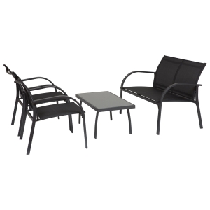 Outsunny Conjunto de móveis de jardim para interior e exterior em aço e vidro Quatro peças: 1 mesa, 2 poltronas e 1 sofá 65x110x78cm Preto