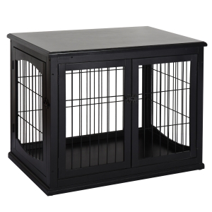 PawHut Gaiola para Cães Grande de Madeira com Superfície de Mesa 2 Portas e Grades de Metal 58,5x81x66cm Preto