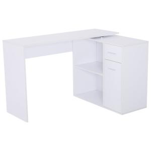 HOMCOM Secretária de Canto Secretária Giratória 180º com 2 Prateleiras 1 Gaveta 1 Armário para Escritório Casa 117x82x74cm Branco