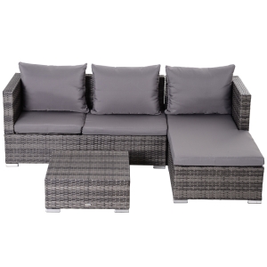 Outsunny Conjunto de sofá de vime de 3 peças com chaise longue e mesa de centro Encosto ajustável em altura amplo espaço de armazenamento cinza