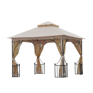 Outsunny Pérgola de jardim 2.9x2.9m com 4 cortinas laterais com zíper e telhado duplo com 8 furos de drenagem bege