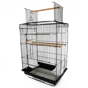 PawHut Gaiola para Pássaros Espaçosa Gaiola para Pássaros com Teto Abatível 2 Poleiros Baloiço e Comedouros para Interior Exterior 41,5x29,5x56,5cm Preto
