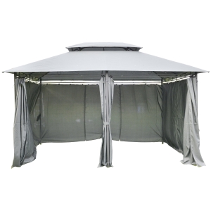 Outsunny Pérgola de jardim 3x4 m com estrutura de aço telhado duplo 6 cortinas laterais 8 orifícios de drenagem Boa ventilação para festas Eventos cinza
