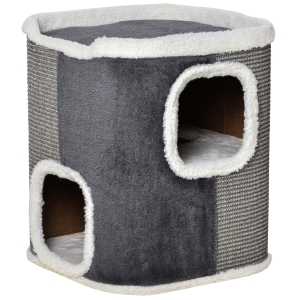 PawHut Barril Arranhador para Gatos de 2 Níveis com Caverna de Sisal Pelúcia Suave e Plataforma de Velo 40x40x49cm Cinza