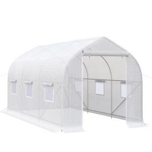 Outsunny Estufa de Jardim 400x200x200cm Tipo Túnel com 6 Janelas Transpiráveis e Portas Enrolável com Zíper para Cultivo de Plantas e Verduras Branco