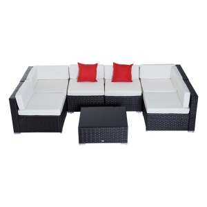 Outsunny Conjunto de Móveis de Jardim de Vime 7 peças para varanda com 1 mesa de centro almofadas marrom e 2 vermelhos incluidos