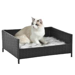 PawHut Sofá Cama para Cães de Vime Cama Elevada para Gatos Retangular com Almofada Suave e Lavável para Interior e Exterior 61x46x24,5cm Preto