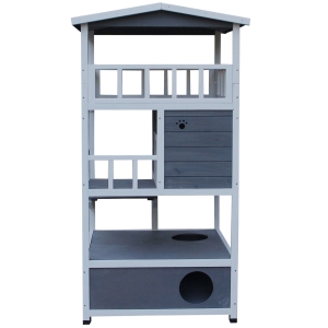 PawHut Caseta de madeira em abeto com espaço amplo com 4 pisos e espaço destacável para areia 78x76x140cm