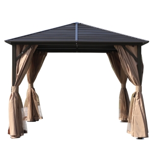 Outsunny Pérgola para jardim 3x3m Armação de alumínio impermeável com parede lateral e rede de mosquiteira
