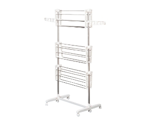 HOMCOM Estendal para Roupa Dobrável 80x55x152cm com 6 Rodas e 3 Prateleiras com Altura Ajustável de Aço Inoxidável Prateado