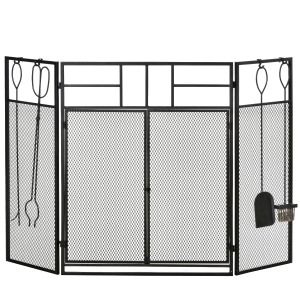 HOMCOM Frente para Lareira Dobrável Proteção para Lareira de 3 Painéis com Dupla Porta 4 Ferramentas e Gancho Estrutura de Metal 122x2x79cm Preto