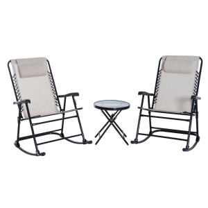Outsunny Conjunto de móveis de jardim, mesa redonda Ø46x49 cm e 2 cadeiras de balanço 68x90x106 cm dobrável com fechadura para pátio externo Bege