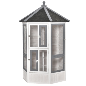 PawHut Gaiola para Pássaros de Madeira para Varanda Jardim com Múltiplas Portas Janelas 2 Ninhos de Pássaros 5 Poleiros e Teto Asfáltico 125x125x183cm Cinza Branco e Preto