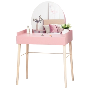 HOMCOM Toucador Vintage com Espelho Redondo Mesa de Maquilhagem com Gaveta e Pés de Madeira Inclinadas para Dormitório 76x48x123,5cm Rosa