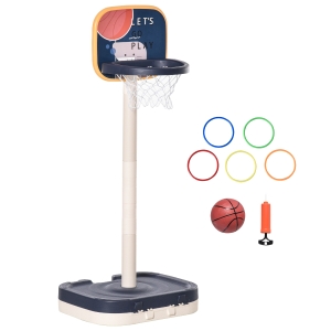 HOMCOM Cesta de Basquetebol Infantil 2 em 1 Portátil com Jogo de Lançamento de Anéis Altura Ajustável 96-110cm e Acessórios Incluidos 58,5x56x137cm Azul e Branco