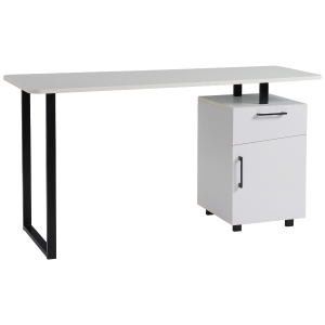 HOMCOM Secretária para escritório com gaveta e armário com prateleira ajustável Mesa multifuncional para computador com borda redonda 150x60x76 cm Branco