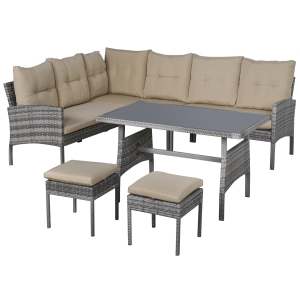 Outsunny Conjunto de móveis de jardim de 6 peças de vime Conjunto de sofá de 2 lugares Banco e mesa de jantar com almofadas acolchoadas Varanda cinza e Cáqui