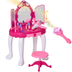 HOMCOM Conjunto de penteadeira para crianças acima de 3 anos penteadeira com banquinho música e iluminação espelho cosmeticos secador de cabelo esmaltes 45 x 30,5 x 72 cm