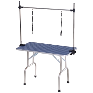 PawHut Mesa de tosquia para animais de estimação dobrável de aço inoxidavel e prateleira de armazenamento 107x60x170cm Azul