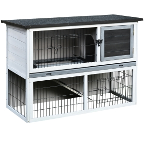 PawHut Gaiola de madeira para coelhos com rampa bandeja removível 2 andares e 2 portas 108x45x78 cm cinza