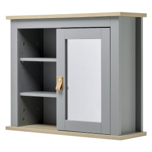 Kleankin Armário de banheiro com espelho Armário auxiliar de parede com 1 porta e prateleiras ajustáveis amplo Espaço de armazenamento para cozinha 60x19x49 cm Cinza