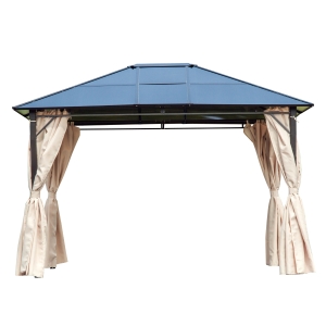 Outsunny Pérgola de jardim 3,65x3 m de aço com telhado de policarbonato de 6 mm Proteção UV 50+ e 4 cortinas laterais Bege