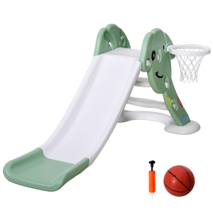 HOMCOM Escorrega infantil para crianças acima de 2 anos com cesta de basquete Interior e exterior carga 25 kg Acessórios incluídos 160x35x68 cm Verde e Branco
