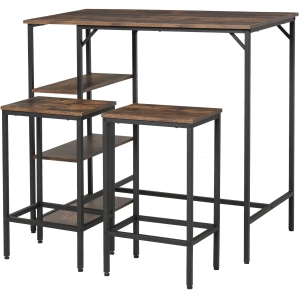 HOMCOM Conjunto de mesa de bar e 2 bancos com apoio para os pés e prateleiras de 3 níveis 109x60x100 cm marrom rústico