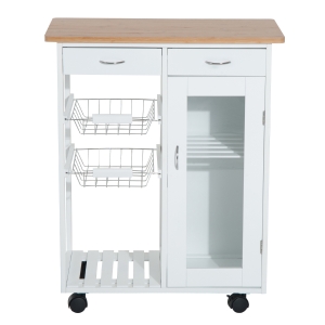 HOMCOM Carrinho de Cozinha de madeira com porta de vidro e 2 prateleiras e 4 rodinhas Branco 70x37x85 cm