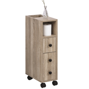 Kleankin Gabinete de banheiro independente de projeto compacto com 2 gabinetes abertos, 1 gabinete de porta, 1 gaveta e 4 rodas giratórias, 18 x 30 x 68,5 cm cor de grão de carvalho