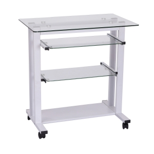 HOMCOM Secretária com Rodas Mesa para Computador com Bancada e Prateleiras de Cristal para Dormitório Escritório 80x51x83cm Branco